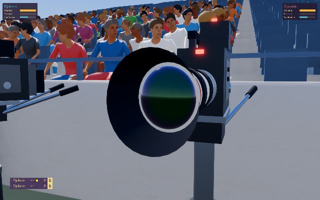 A courtside camera: the coated front lens reflects the sky and the stadium.
