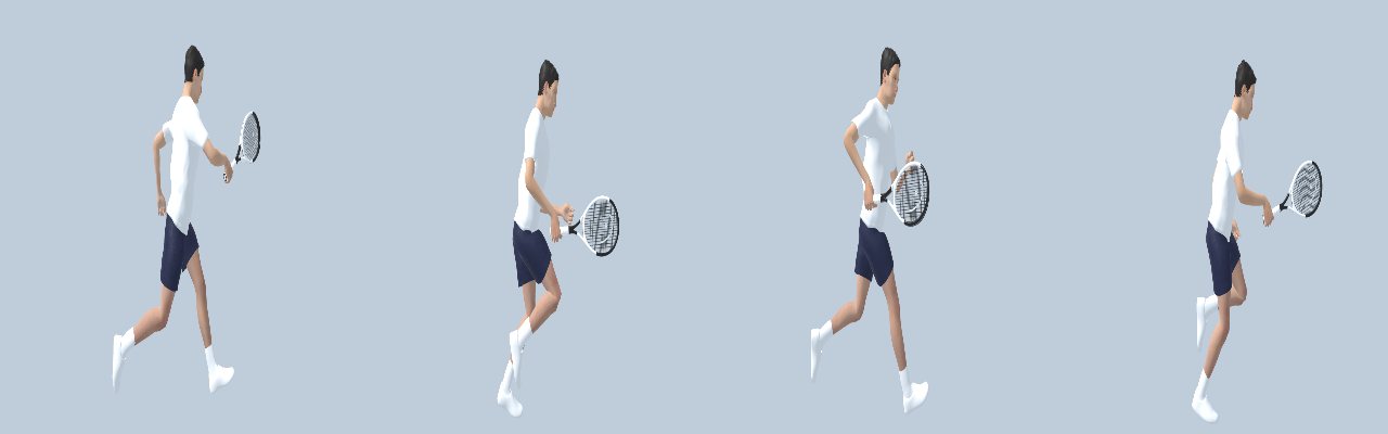 One running cycle, seen from the side. The arm swings like in the recorded run, while the racket stays in the hand and points forward.